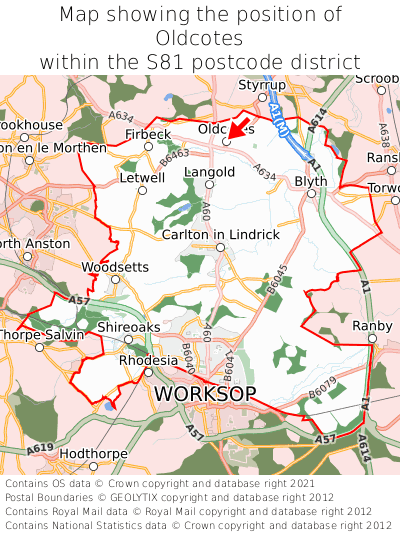 Map showing location of Oldcotes within S81