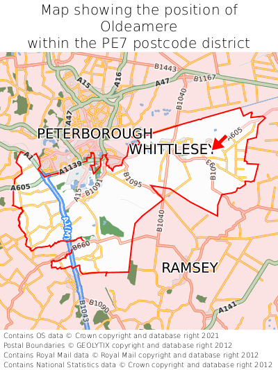 Map showing location of Oldeamere within PE7