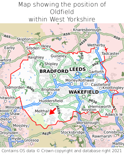 Map showing location of Oldfield within West Yorkshire
