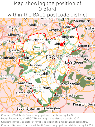 Map showing location of Oldford within BA11