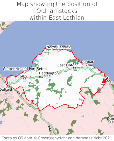 Map showing location of Oldhamstocks within East Lothian
