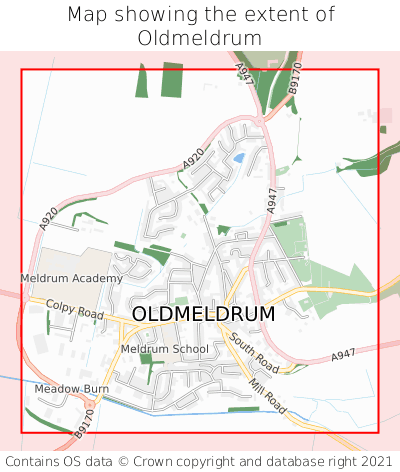 Map showing extent of Oldmeldrum as bounding box