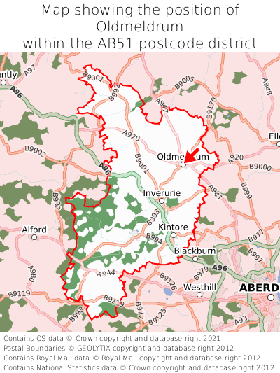 Map showing location of Oldmeldrum within AB51