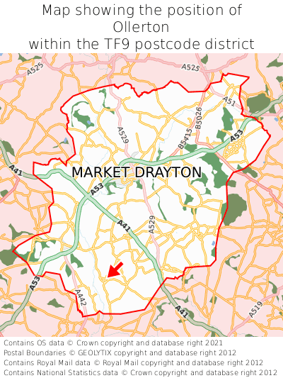Map showing location of Ollerton within TF9