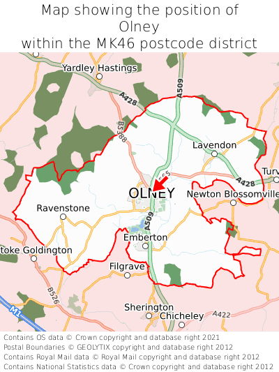 Map showing location of Olney within MK46