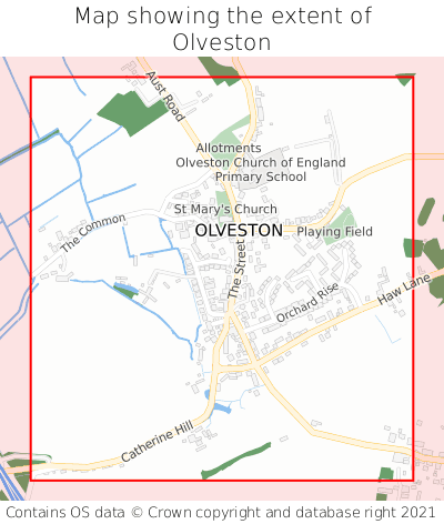 Map showing extent of Olveston as bounding box
