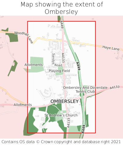 Map showing extent of Ombersley as bounding box