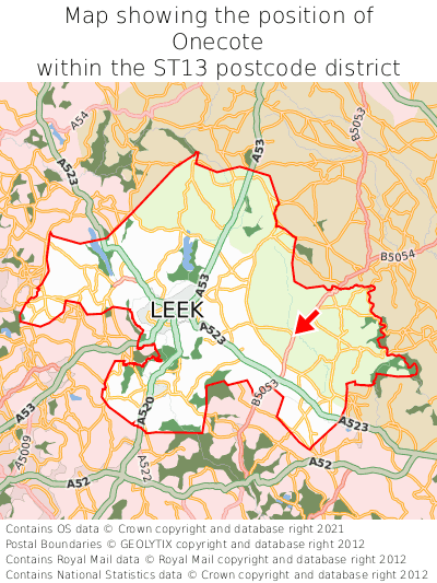 Map showing location of Onecote within ST13