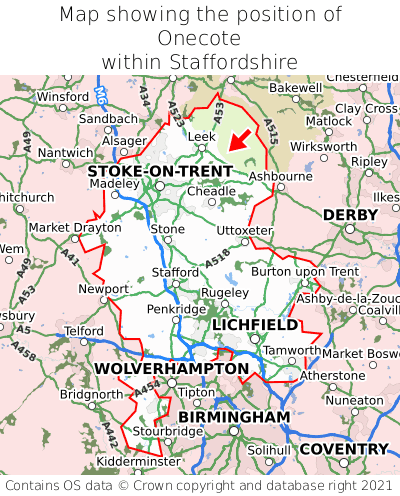 Map showing location of Onecote within Staffordshire