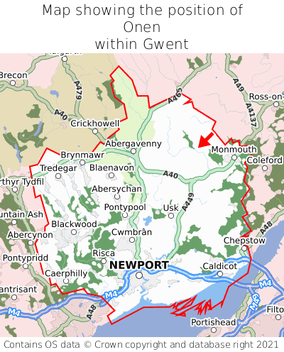 Map showing location of Onen within Gwent