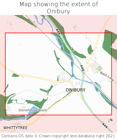 Map showing extent of Onibury as bounding box