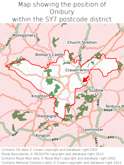 Map showing location of Onibury within SY7