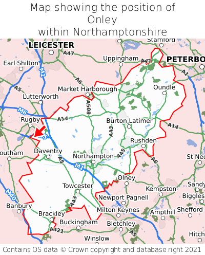 Map showing location of Onley within Northamptonshire