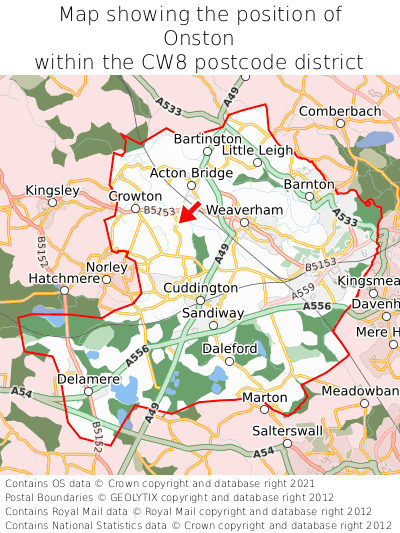 Map showing location of Onston within CW8