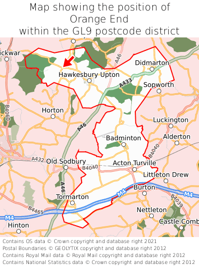 Map showing location of Orange End within GL9