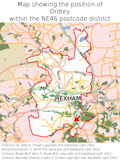 Map showing location of Ordley within NE46