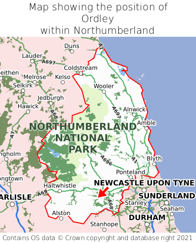 Map showing location of Ordley within Northumberland