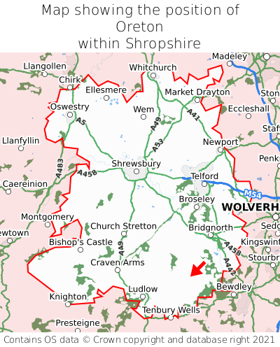 Map showing location of Oreton within Shropshire