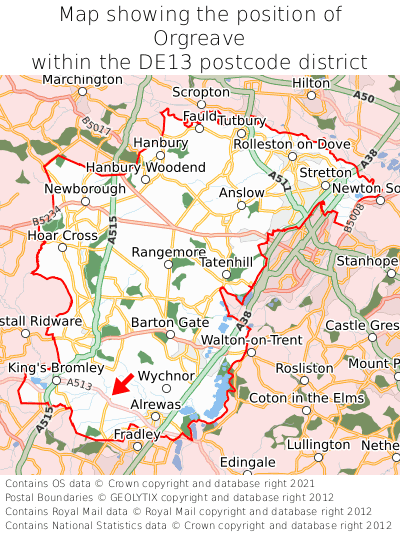 Map showing location of Orgreave within DE13