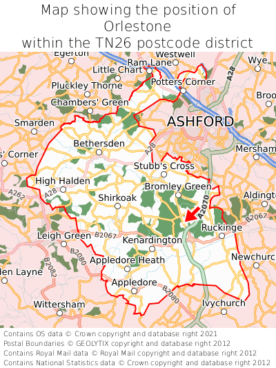 Map showing location of Orlestone within TN26