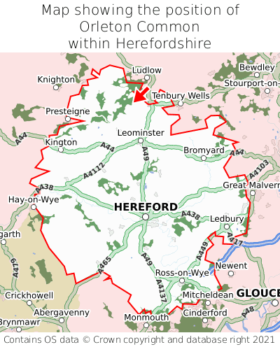 Map showing location of Orleton Common within Herefordshire