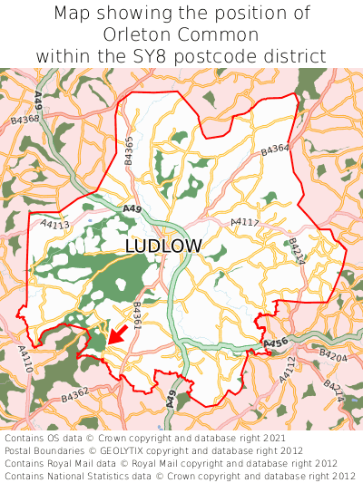 Map showing location of Orleton Common within SY8