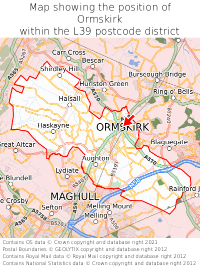 Map showing location of Ormskirk within L39