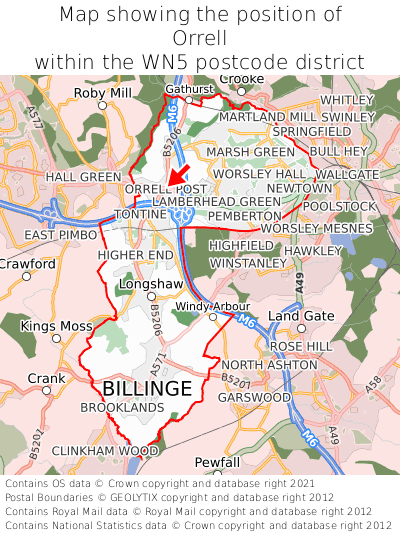 Map showing location of Orrell within WN5