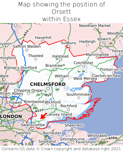 Map showing location of Orsett within Essex
