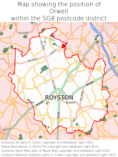 Map showing location of Orwell within SG8