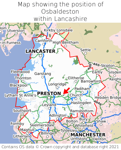Map showing location of Osbaldeston within Lancashire