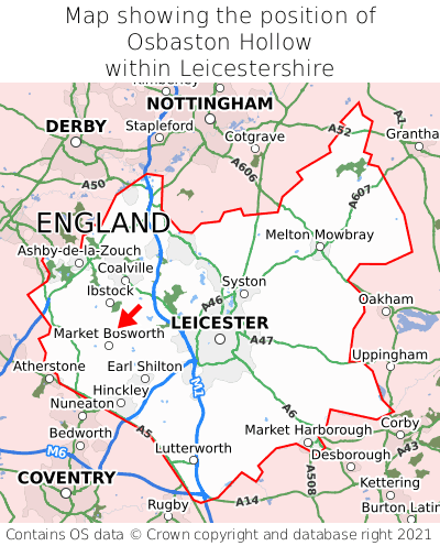 Map showing location of Osbaston Hollow within Leicestershire