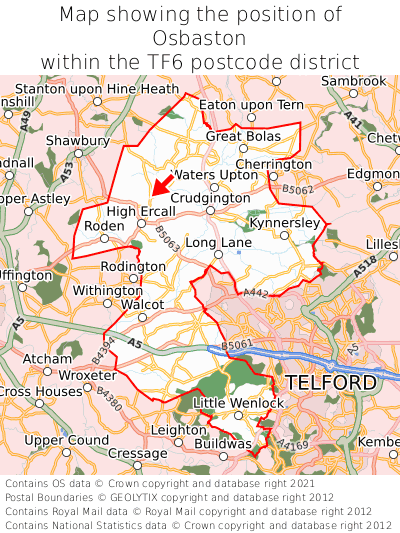 Map showing location of Osbaston within TF6