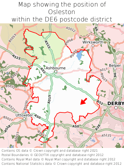 Map showing location of Osleston within DE6
