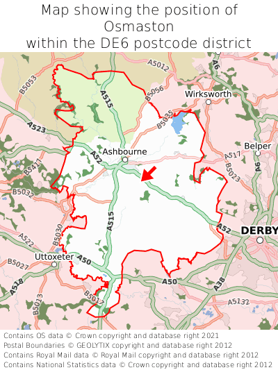 Map showing location of Osmaston within DE6