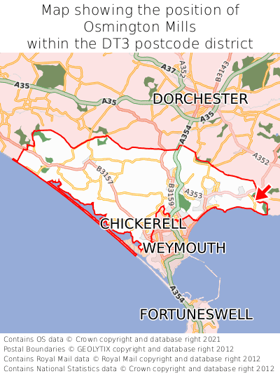 Map showing location of Osmington Mills within DT3