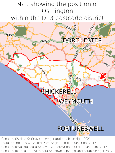 Map showing location of Osmington within DT3