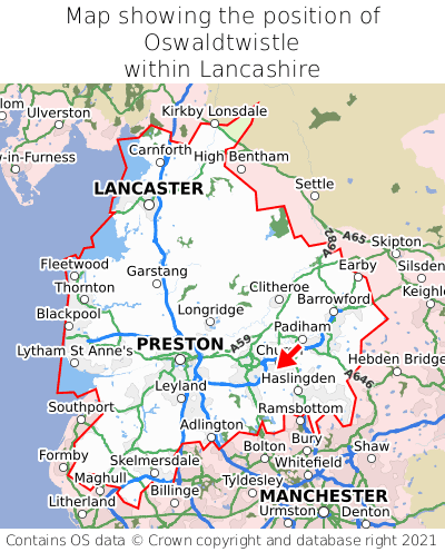 Map showing location of Oswaldtwistle within Lancashire