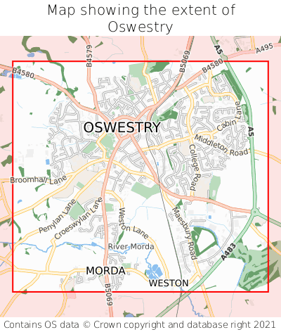 Map showing extent of Oswestry as bounding box