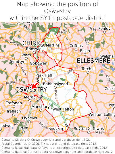 Map showing location of Oswestry within SY11