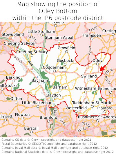 Map showing location of Otley Bottom within IP6