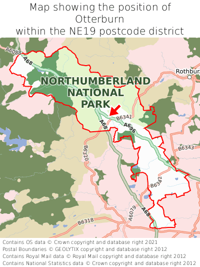 Map showing location of Otterburn within NE19