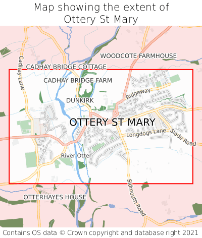 Map showing extent of Ottery St Mary as bounding box