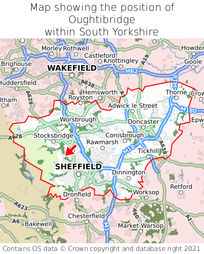 Map showing location of Oughtibridge within South Yorkshire