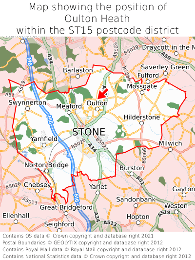 Map showing location of Oulton Heath within ST15