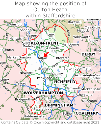 Map showing location of Oulton Heath within Staffordshire