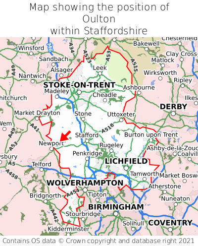 Map showing location of Oulton within Staffordshire