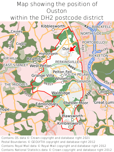 Map showing location of Ouston within DH2