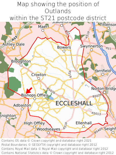 Map showing location of Outlands within ST21