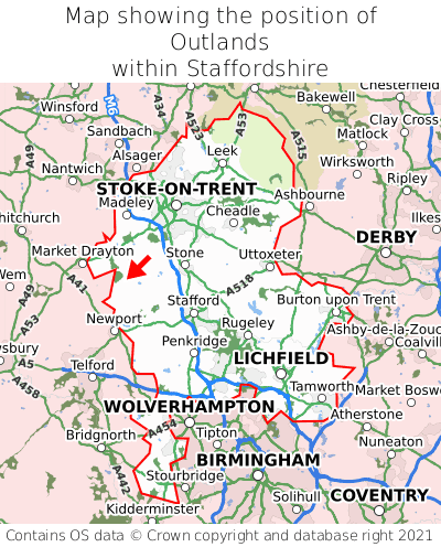 Map showing location of Outlands within Staffordshire